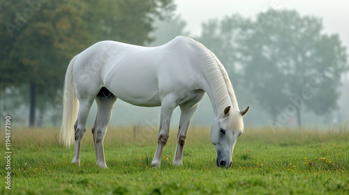 An elegant horse grazing in a misty morning field