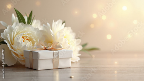Elegant gift box beside delicate white flowers in soft, warm lighting