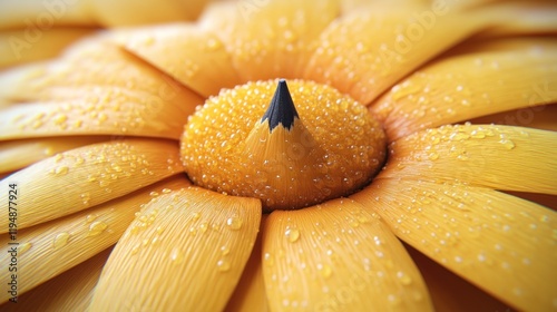 Close-up of a vibrant yellow flower with a pencil tip at the center, glistening with dew drops