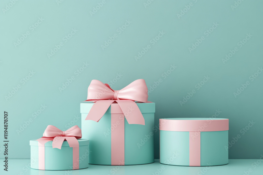 Obraz premium Three pastel blue gift boxes with pink bows.