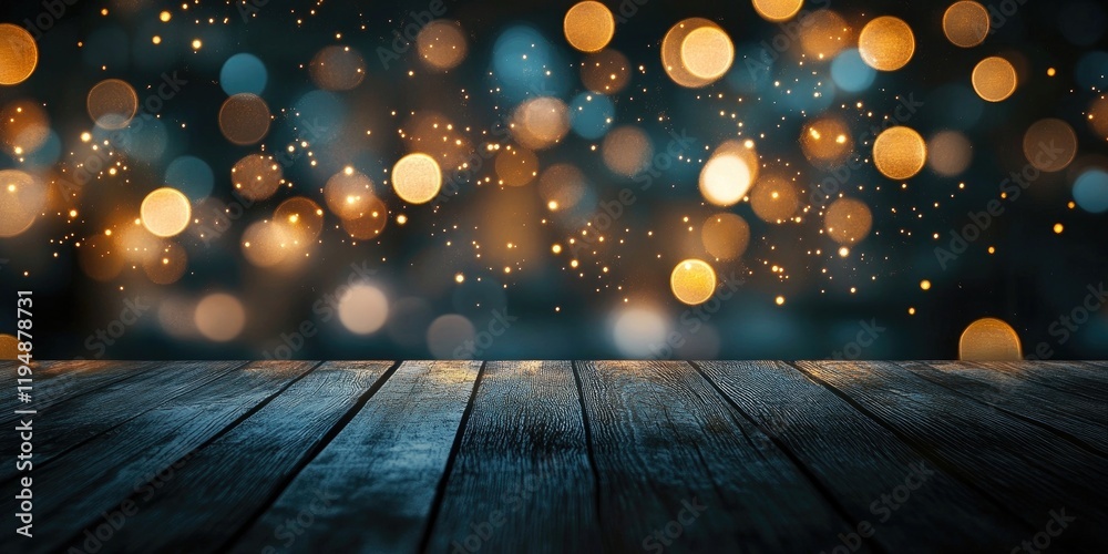 Bokeh lights in warm golden hues shimmer against a dark backdrop over a textured wooden table surface creating a festive ambiance Bokeh lights in warm golden hues shimmer against a dark backdrop over a textured wooden table surface creating a festive ambiance
