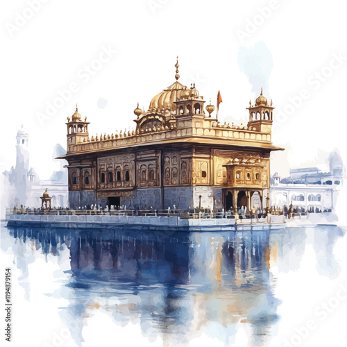 A watercolor painting of Harmandir Sahib, isolated on a white background. Harmandir Sahib vector.
