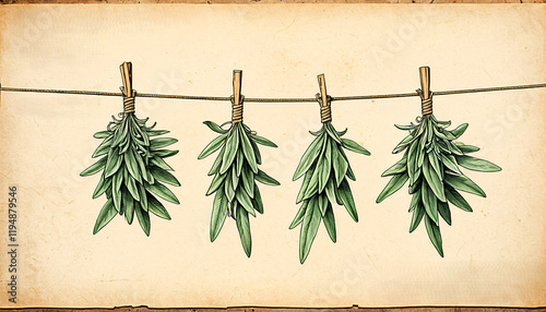 Three bundles of fresh sage, tied with twine, light background
