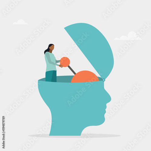 The concept of learning and will turn on at full capacity. Gear shifting on the human brain. Flat vector illustration.	