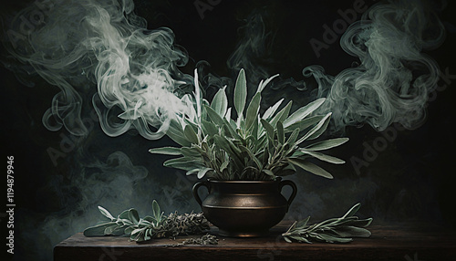 Smoldering sage bundle in mortar, magical smoke rising