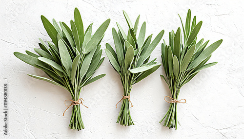 Three bundles of fresh sage, tied with twine, light background