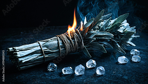 A bunch of burning sage, magical crystals, vibrant flames, dark mystical background
