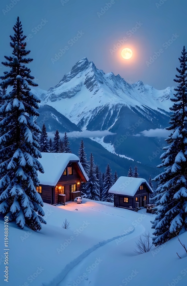 Fototapeta premium Winter landscape with snow-covered houses, pine trees, moonlight over the mountains and a peaceful view at dusk