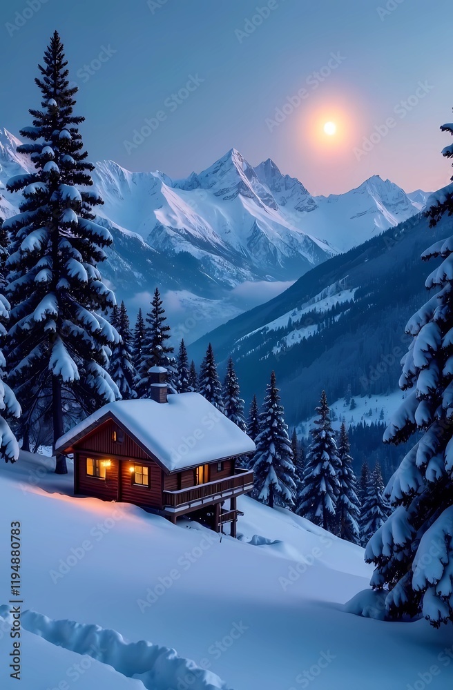Fototapeta premium Winter landscape with snow-covered houses, pine trees, moonlight over the mountains and a peaceful view at dusk