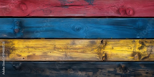 Wallpaper Mural Colorful wooden boards in red, blue, yellow, and black stacked horizontally with a textured surface ideal for decorative text or design. Torontodigital.ca