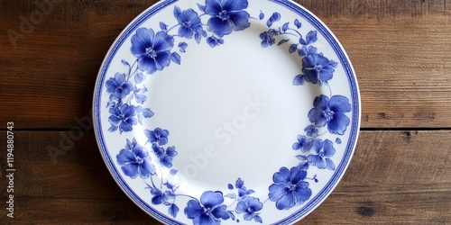 Vintage blue and white bone china plate with delicate purple flowers arranged centrally on a wooden table with a rustic texture