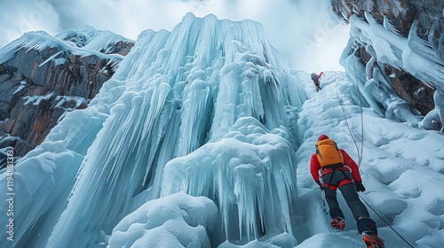 A climbers tackling a challenging ice formation on a sheer cliff face, with jagged icicles forming intricate patterns in the background.
