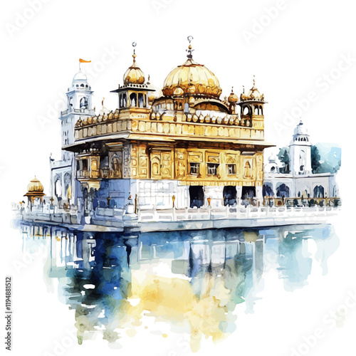 A watercolor painting of Gurudwara Bangla Sahib, isolated on a white background. Gurudwara Bangla Sahib vector.
