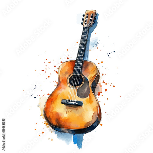 A watercolor illustration of Guitar Music, isolated on a white background. Guitar Music vector.
