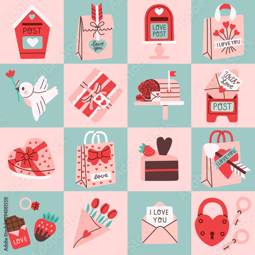 Set of Valentine's Day icons in flat style with love-themed items such as gift boxes, hearts, flowers, and mail, ideal for romantic designs, invitations, and celebrations.