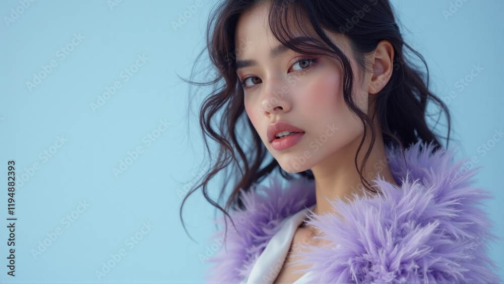 Stylish model poses against a blue backdrop wearing a fluffy purple coat with soft curls framing her face Stylish model poses against a blue backdrop wearing a fluffy purple coat with soft curls framing her face