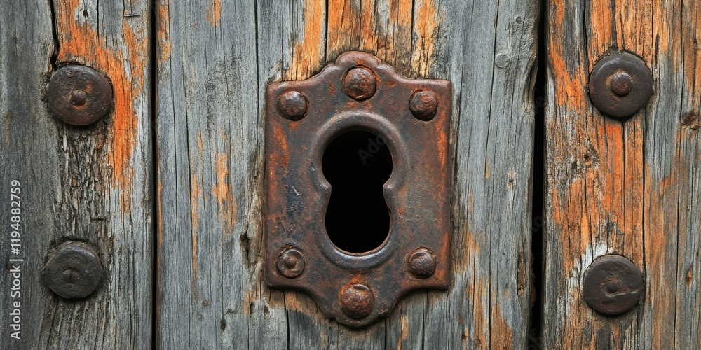 Weathered wooden door with a dark keyhole at center, surrounded by rusted metal, in shades of brown and gray with peeling paint and texture.