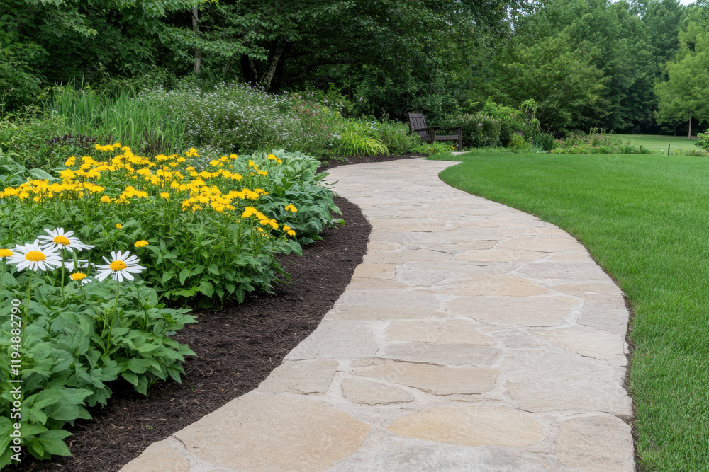 A stone walkway with a path of yellow flowers leading to a bench A stone walkway with a path of yellow flowers leading to a bench
