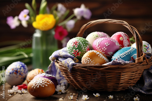 Image of Ukrainian national easter traditional A collection of painted eggs Generative AI