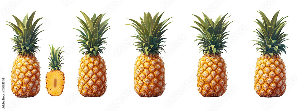 Collection of pineapples, whole and halved, isolated on a transparent background. Collection of pineapples, whole and halved, isolated on a transparent background.