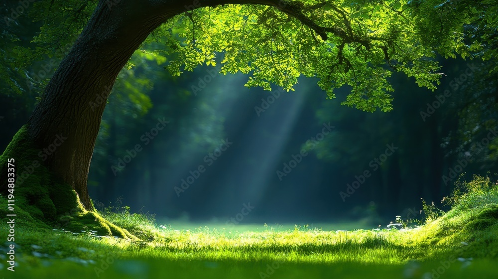 Naklejka premium [Serene forest clearing with tree and sunlight] Serene Forest Glade with Sunlit Tree Framing Peaceful Pathway