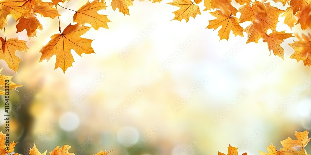 Abstract autumn background with vibrant yellow leaves framing the top, softly blurred light hues in the center providing spacious copy area. Abstract autumn background with vibrant yellow leaves framing the top, softly blurred light hues in the center providing spacious copy area.