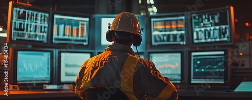 Photograph of an industrial worker standing in front of a multi photo