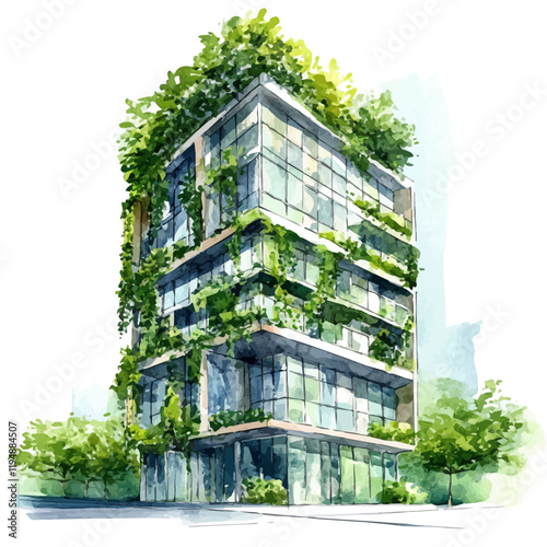 A watercolor vector of Green Building Design, isolated on a white background. Green Building Design vector.
