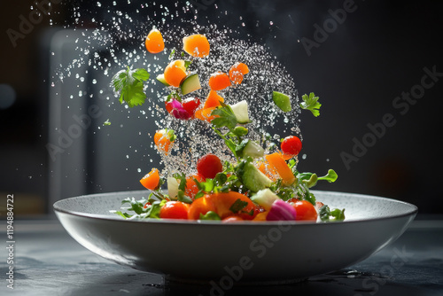 Fresh salad ingredients being rinsed under running water in a sink, splashes of water and vibrant colors captured in motion.