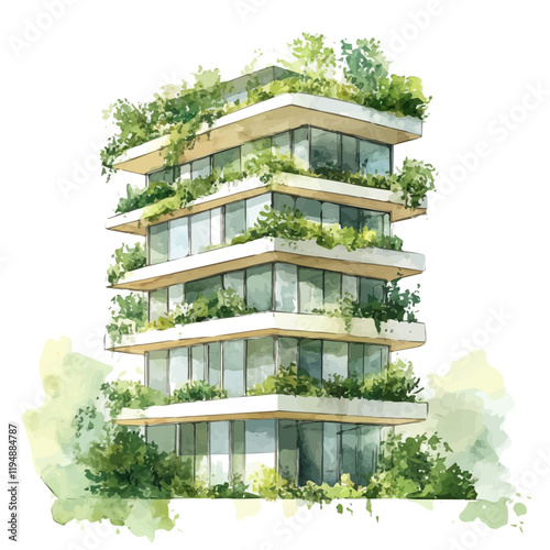 A watercolor vector of Green Building Design, isolated on a white background. Green Building Design vector.
