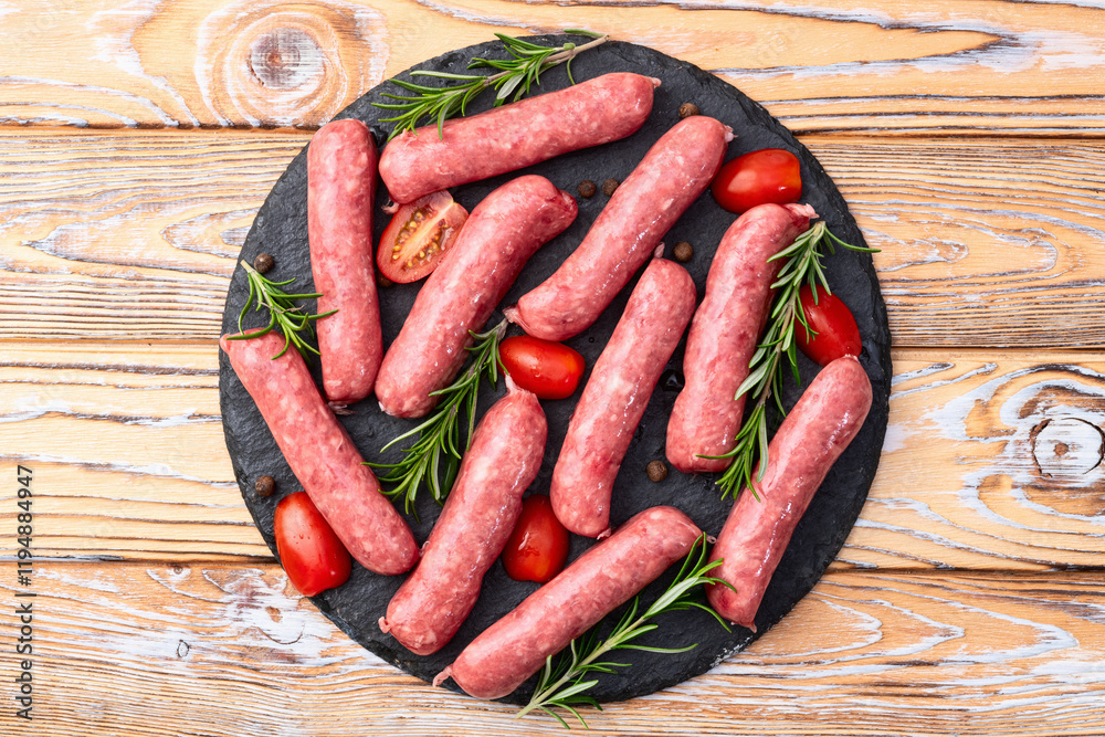 Raw beef sausages with rosemary and tomatoes photography . Top view Raw beef sausages with rosemary and tomatoes photography . Top view