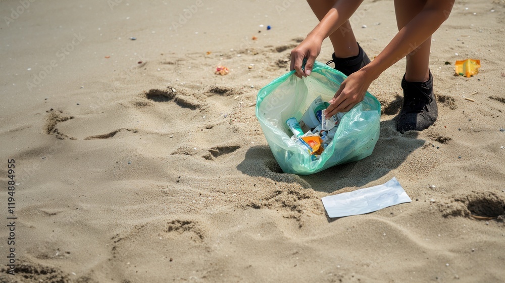 A person pick trash from a sandy beach, Beach Clean, Cleanup Drive, Beach Pollution A person pick trash from a sandy beach, Beach Clean, Cleanup Drive, Beach Pollution