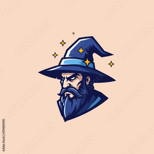 The image depicts a stylized illustration of a stern faced wizard wearing a blue hat and a long beard.