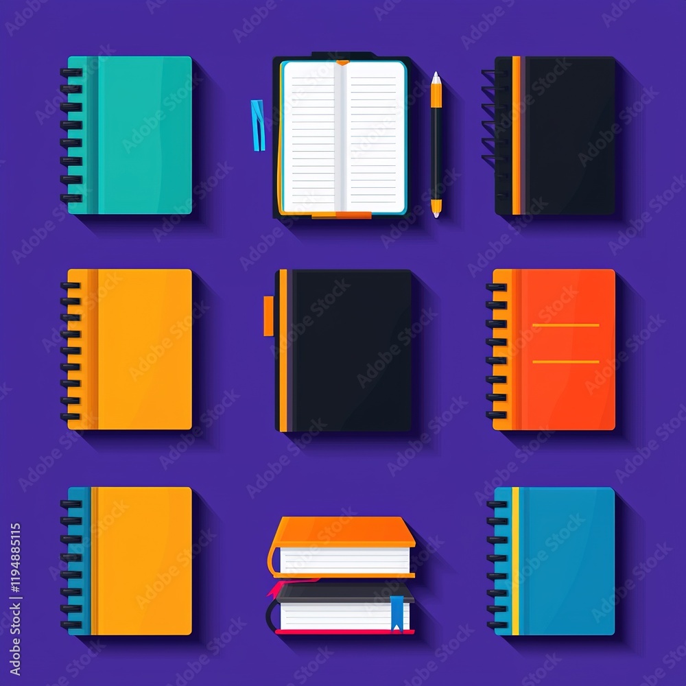 A collection of colorful notebooks and planners arranged on a purple background, showcasing various styles and sizes. A collection of colorful notebooks and planners arranged on a purple background, showcasing various styles and sizes.