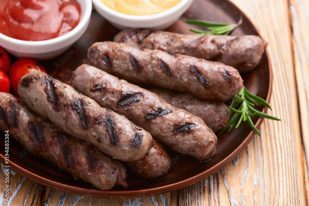 Grilled beef sausages with rosemary sauce and tomatoes photography . Top view Grilled beef sausages with rosemary sauce and tomatoes photography . Top view
