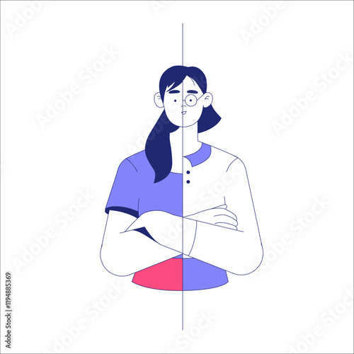 Split Personality Representation Of A Female Character In Flat Vector Illustration Symbolizing Emotional Contrasts And Psychological Concepts, Isolated On White Background.