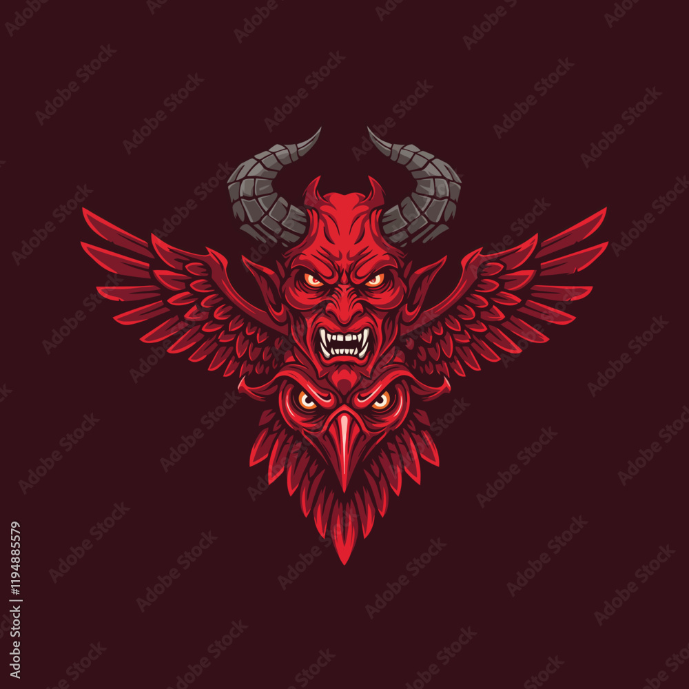 Obraz premium A fierce red devil head with large raven wings forming a striking and symbolic design.