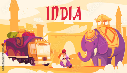 Vibrant Illustration of India with Elephant and Truck