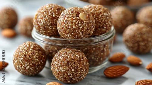 Quinoa energy balls recipe, healthy snack, marble background, kitchen setting, food blog photo