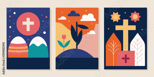 Abstract easter poster collection with crosses, tulips, and eggs