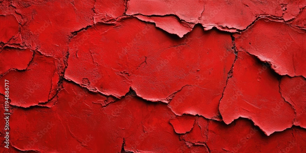 Obraz premium Cracked red plaster texture background with deep shadows and varying shades of red creating an abstract construction design aesthetic.
