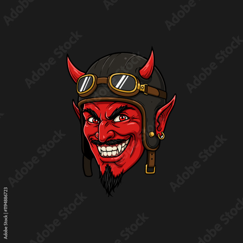 A red devilish face with horns wearing a vintage leather motorcycle helmet and goggles grins menacingly.