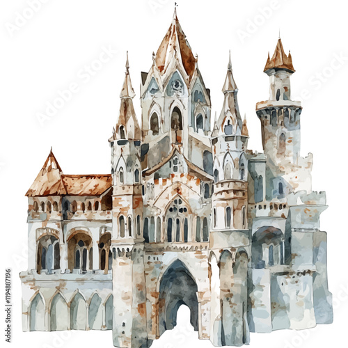 A watercolor drawing of gothic architecture, isolated on a white background. Gothic architecture vector.
