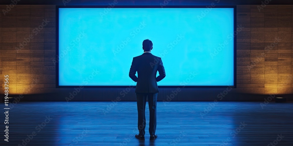 Obraz premium Television presenter in a suit standing before a large blank blue screen, positioned centrally with warm lights on either side in a modern studio setting.