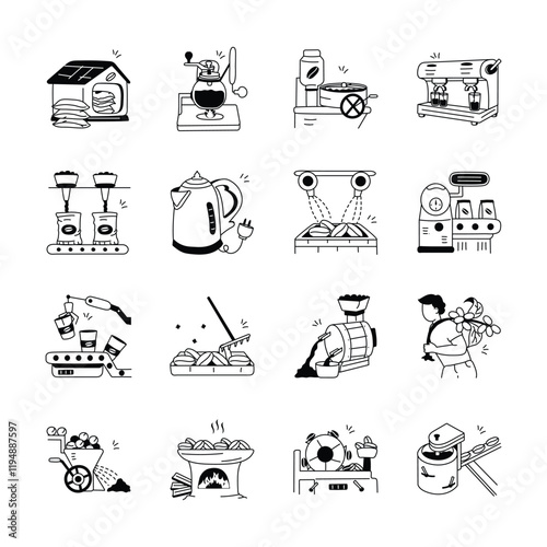 This icons set of coffee processing, from initial sorting and preparation to roasting and packaging