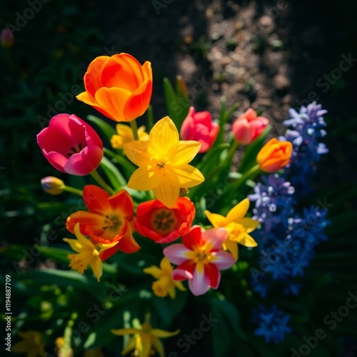 Bouquet de Fleurs Printanières Colorées avec Tulipes et Jonquilles photo