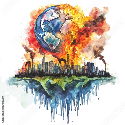 A watercolor drawing of global warming, isolated on a white background. Global warming vector.
