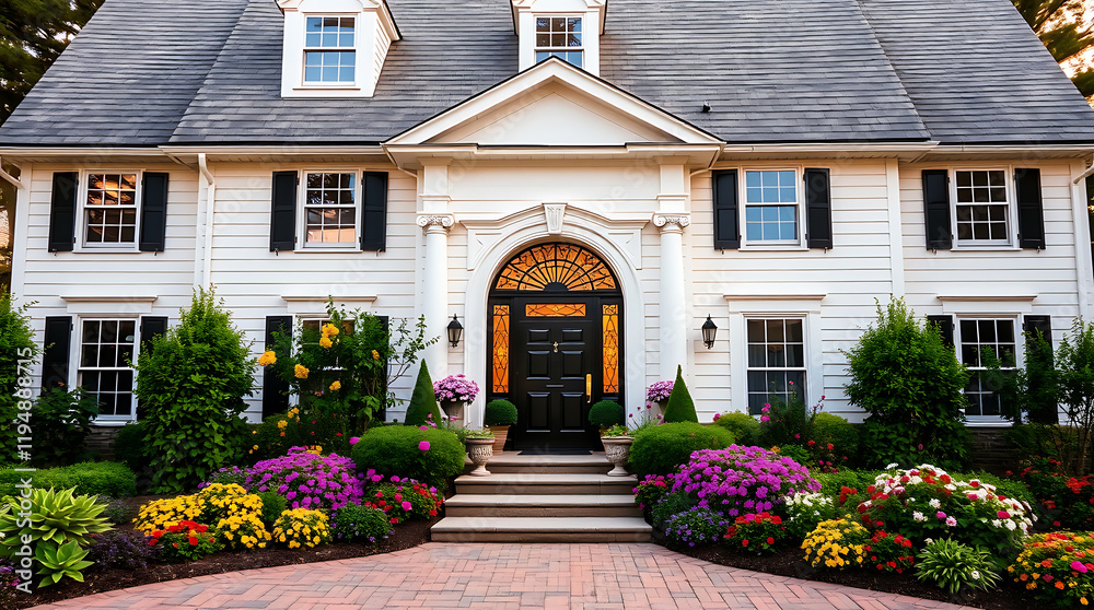 Obraz premium Elegant Classic Suburban House Exterior with Landscaped Garden and Brick Pathway