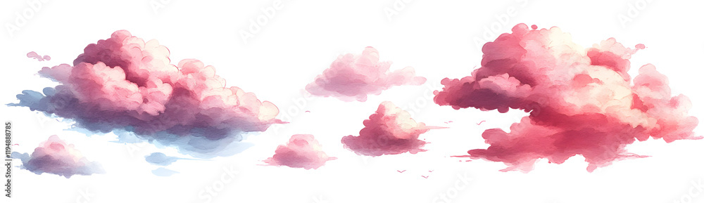 Obraz premium Watercolor Clouds Collection, Pink, Red, and Blue Hues, Isolated on Transparent Background