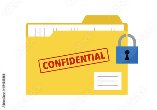 Yellow folder with confidential documents. Top secret data with red stamp. Data protection. Huge padlock on folder vector illustration.